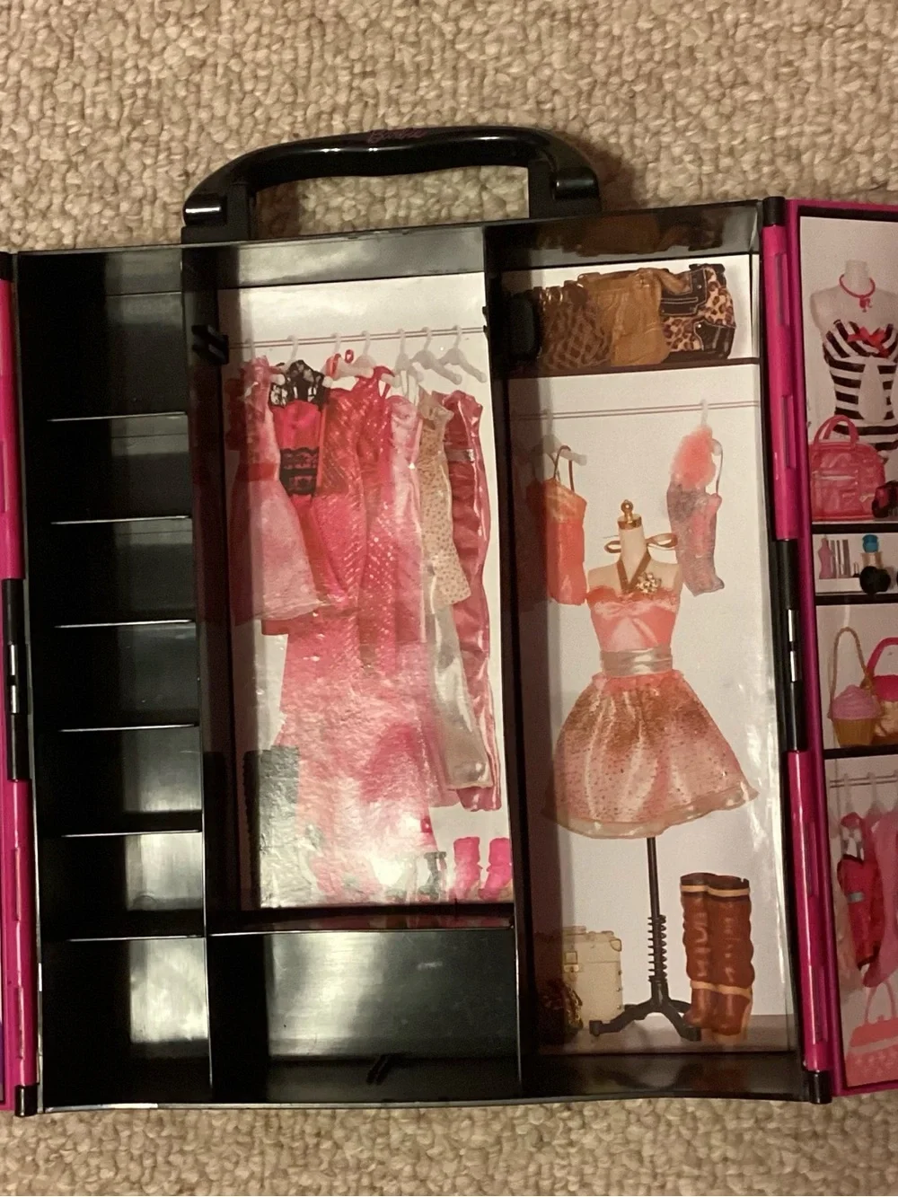 2011 Mattel Barbie Pink Black Wardrobe Doll Carry Storage Case